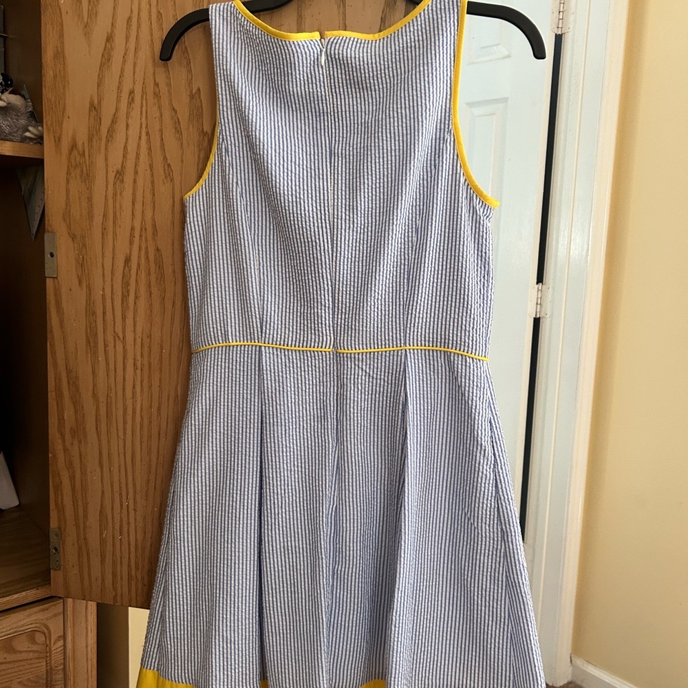 Elle Blue and White Striped Dress with Yellow Trim